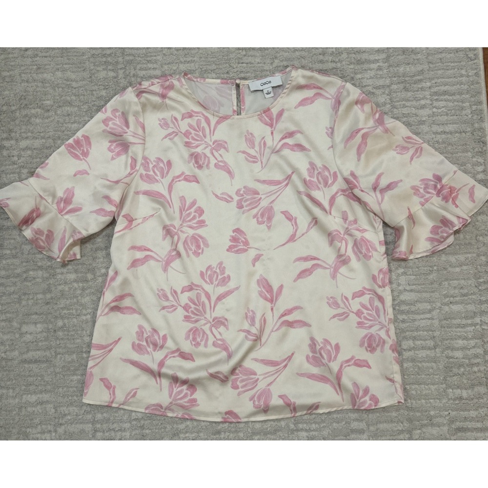 CeCe White Pink Floral Blouse Tunic Top Round Neck Ruffle‎ 1/2 Sleeve Satiny M